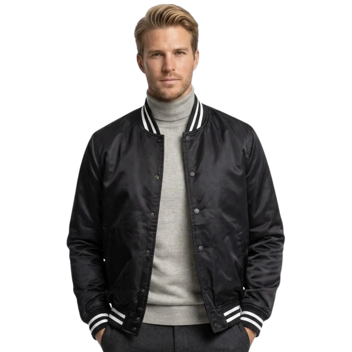 Men's Black Satin Varsity Jacket